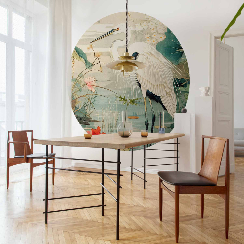 Japanese Heron Pond Illustration Round Wall Mural