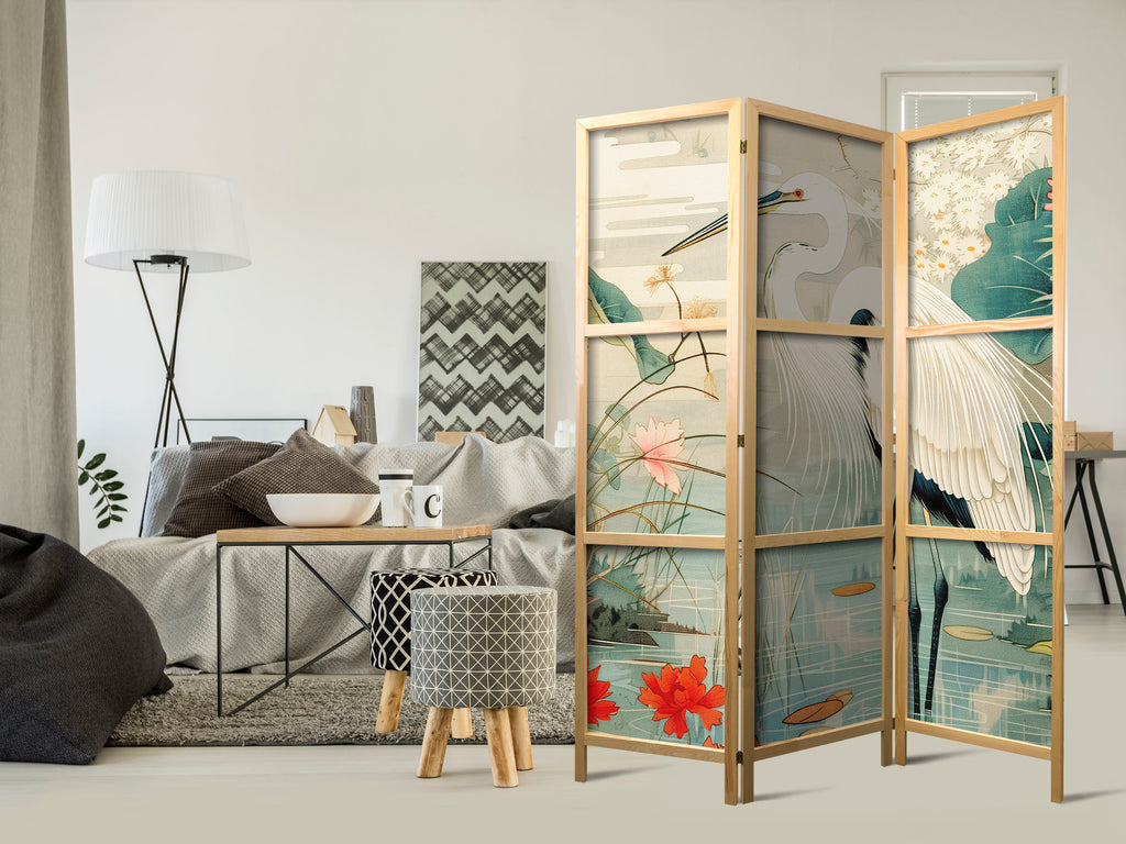 Heron Pond Illustration 3-Panel Japanese Room Divider