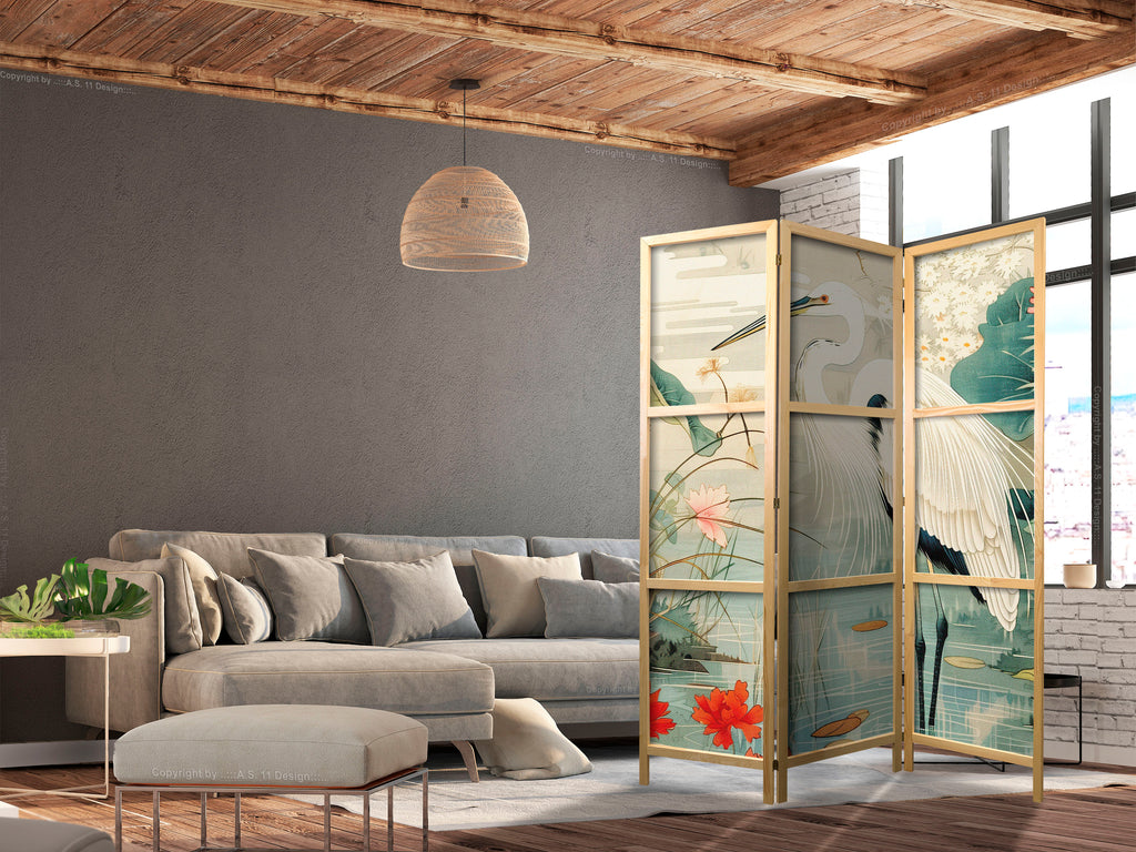 Heron Pond Illustration 3-Panel Japanese Room Divider