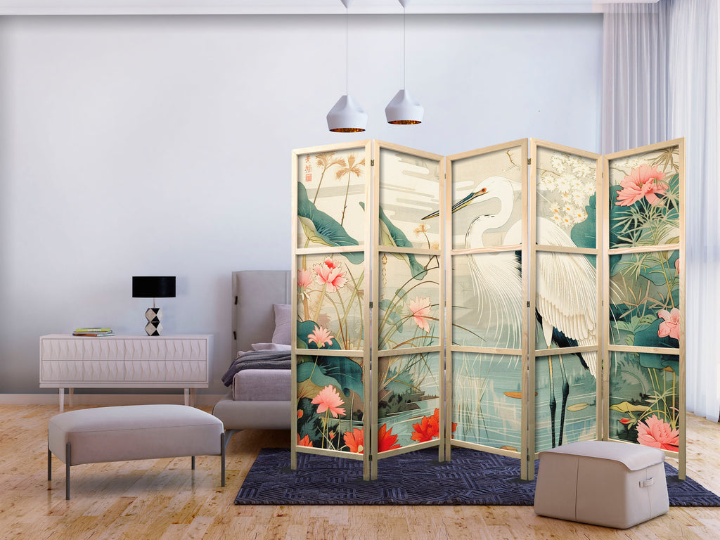 Heron Pond Illustration 5-Panel Japanese Room Divider