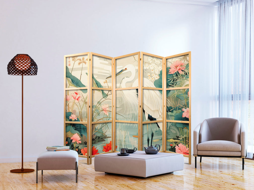 Heron Pond Illustration 5-Panel Japanese Room Divider