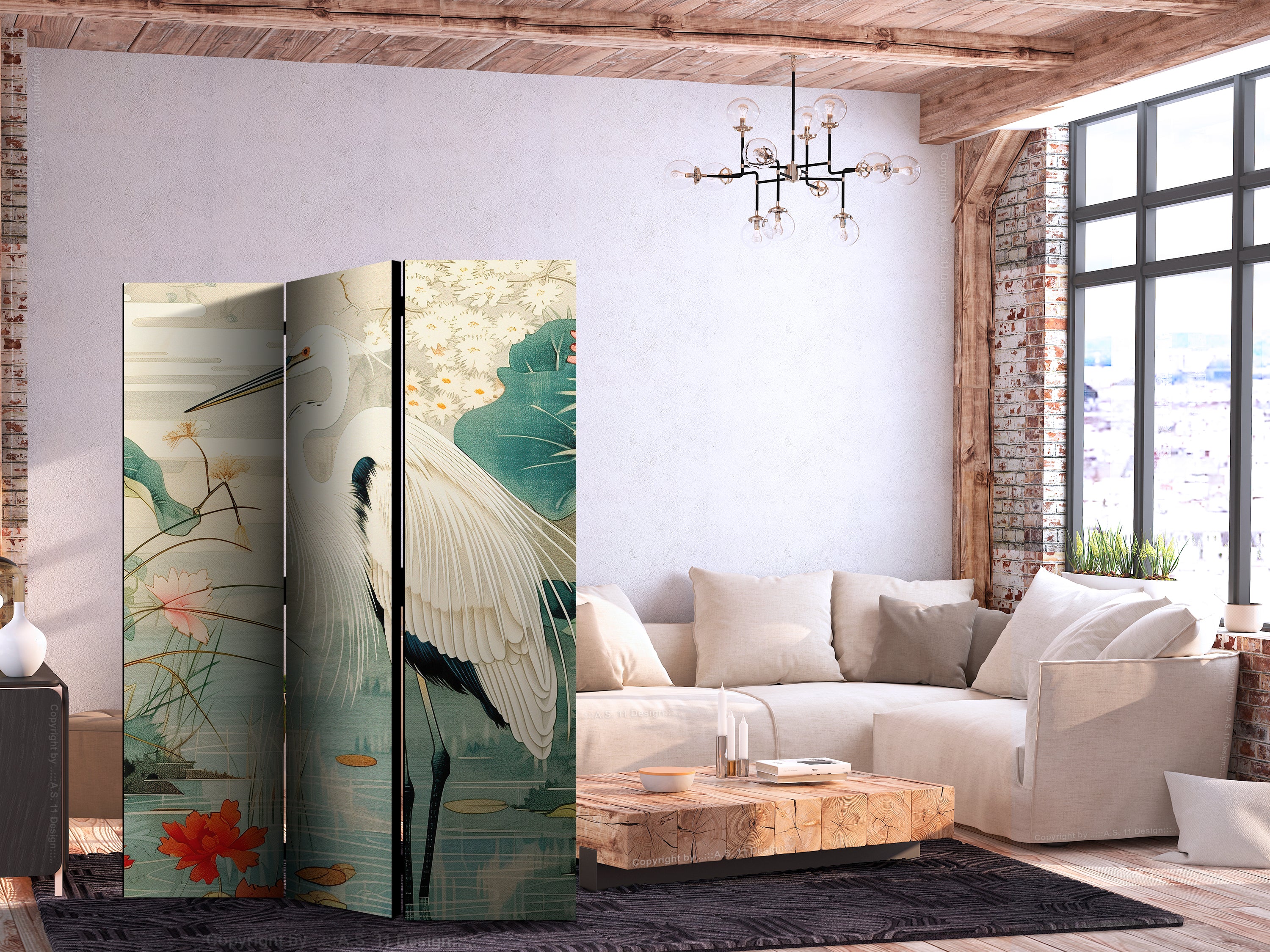 Japanese Heron Pond 3-Panel Room Divider