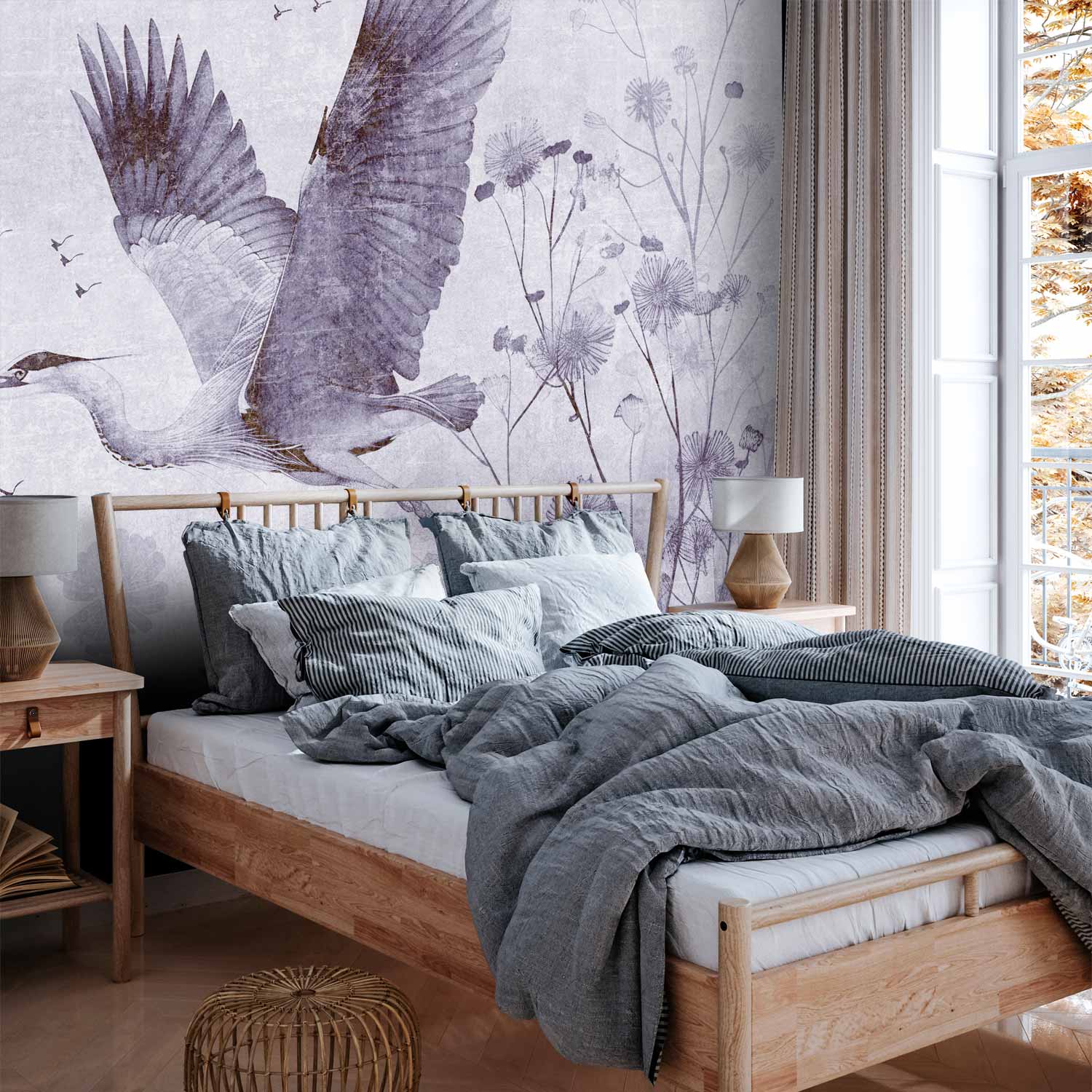 Monochrome Crane in Flight Wall Mural