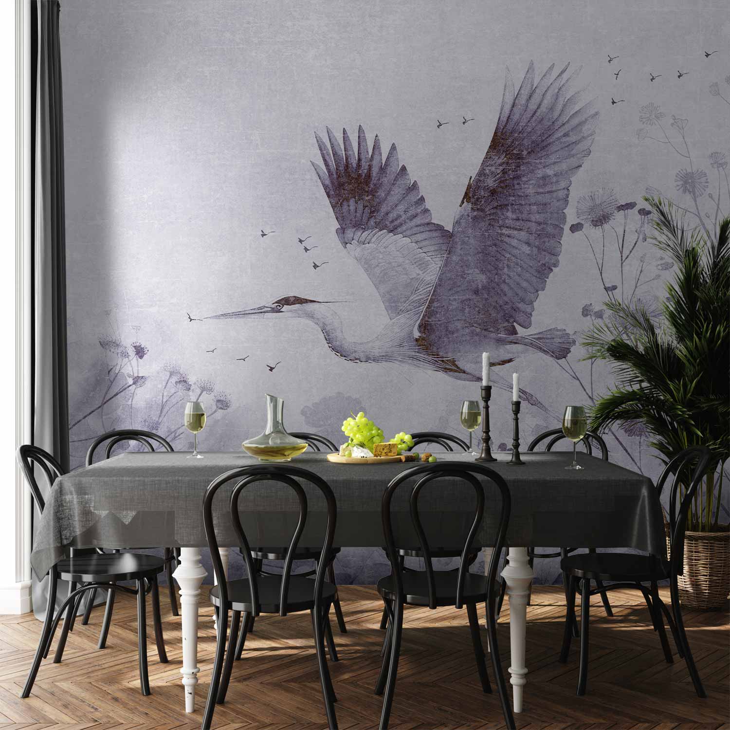Monochrome Crane in Flight Wall Mural