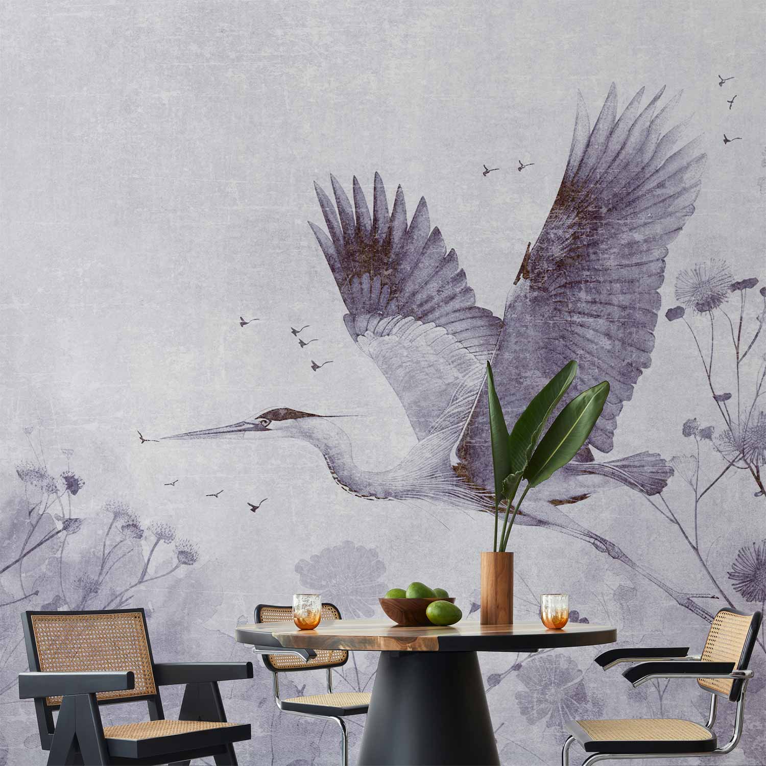 Monochrome Crane in Flight Wall Mural