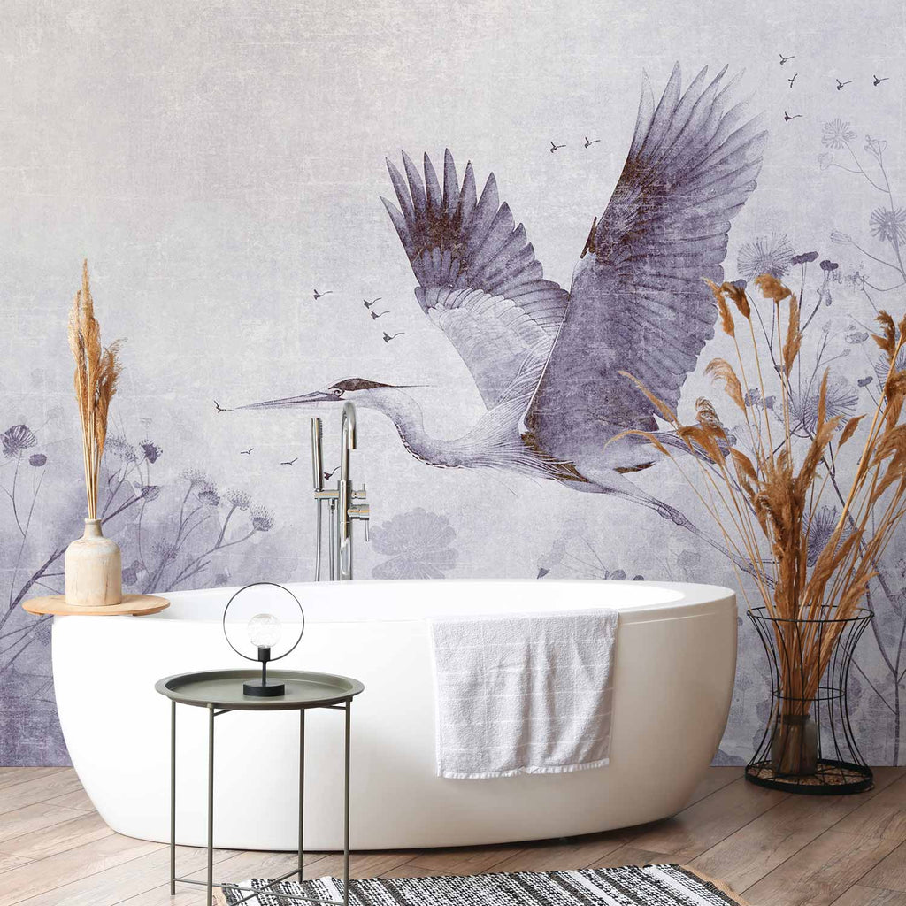 Monochrome Crane in Flight Wall Mural