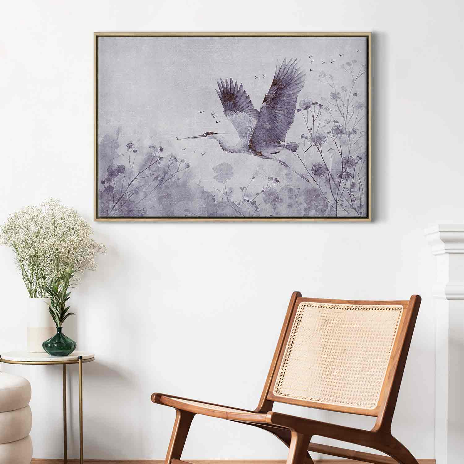 Monochrome Flying Crane Canvas Print