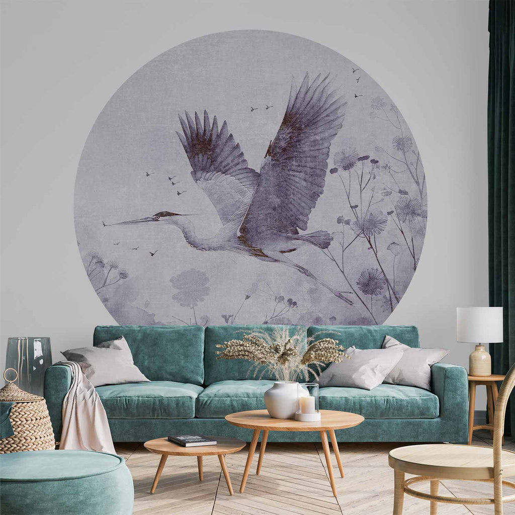 Monochrome Crane Flight Round Wall Mural
