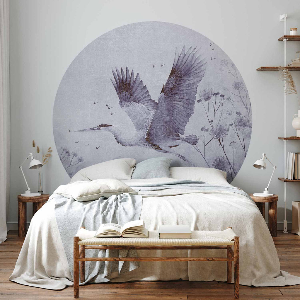 Monochrome Crane Flight Round Wall Mural