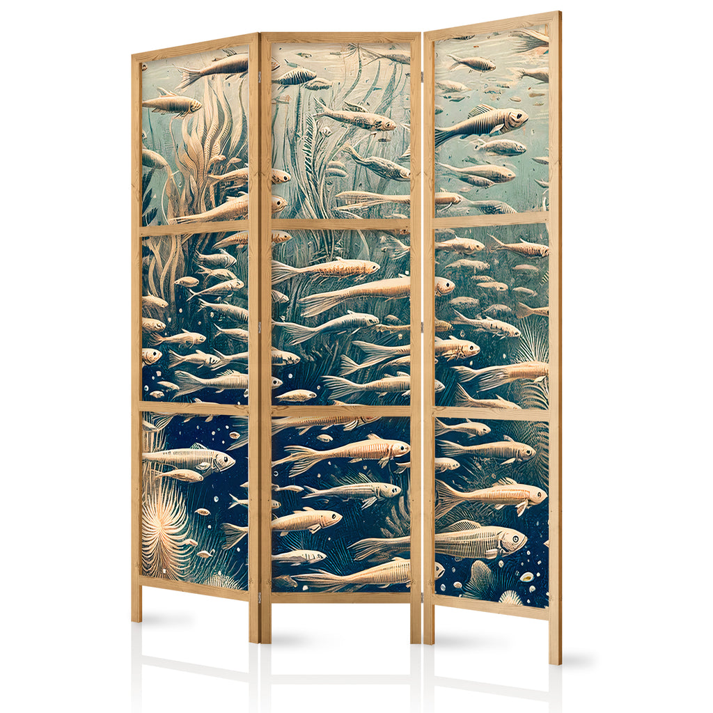 Japanese Room Divider with Ocean Life - Beige & Navy