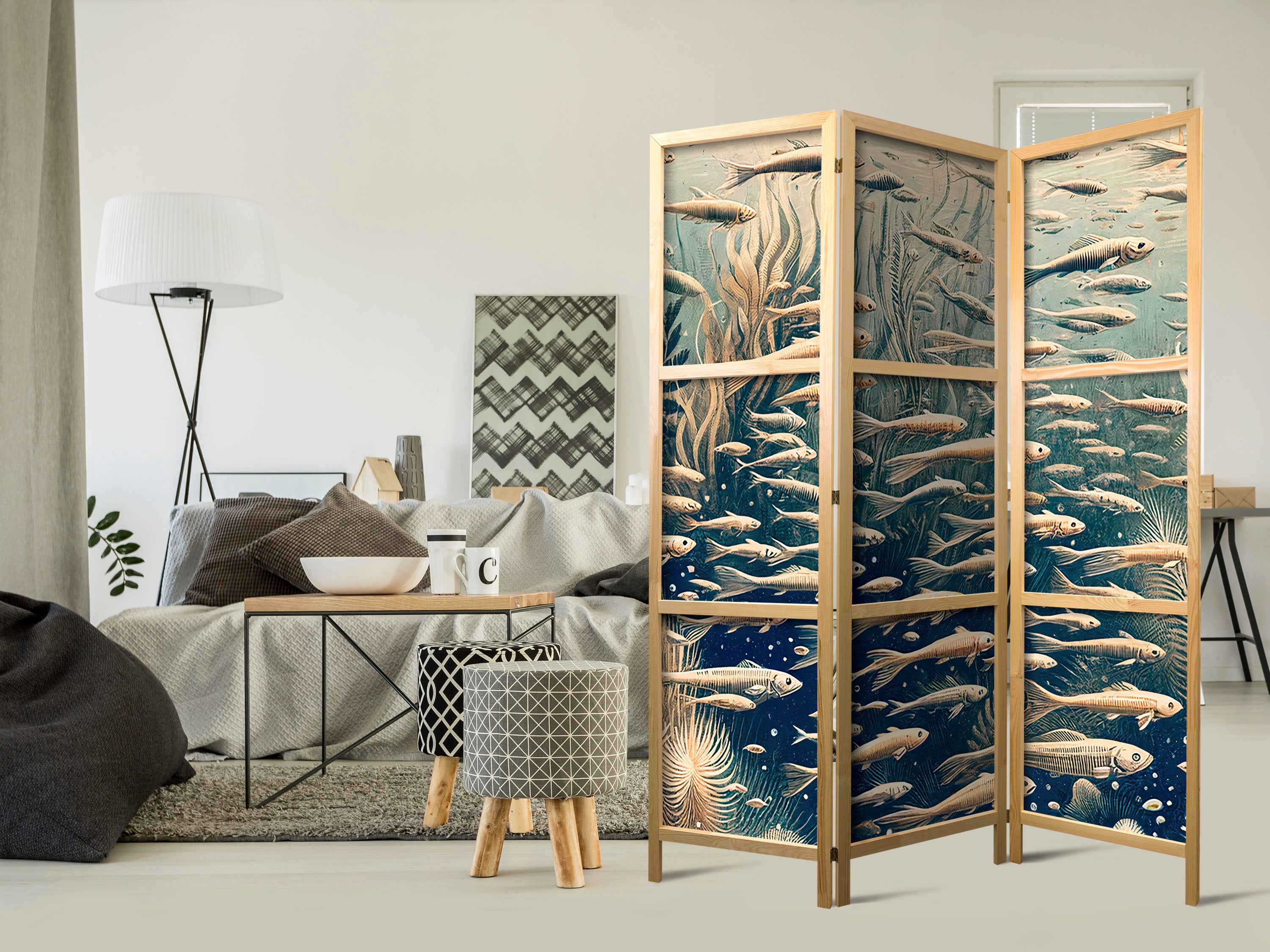 Japanese Room Divider with Ocean Life - Beige & Navy