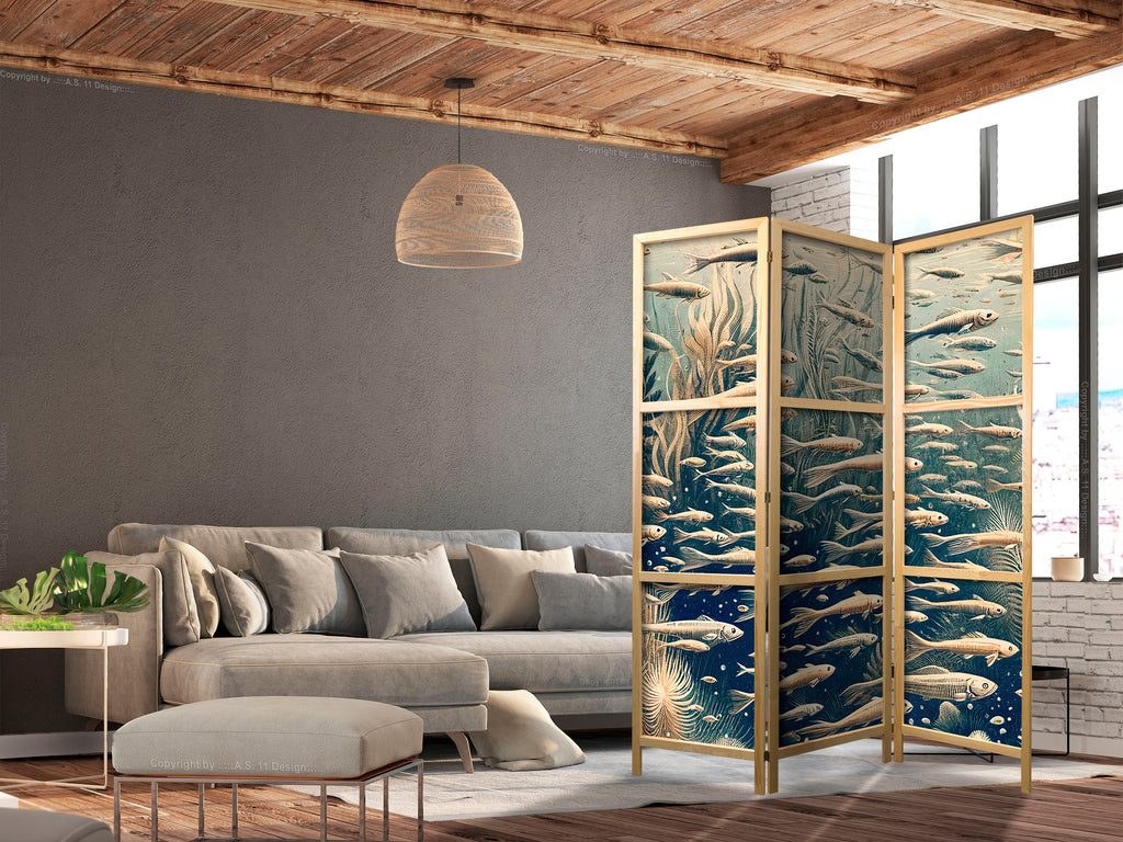 Japanese Room Divider with Ocean Life - Beige & Navy