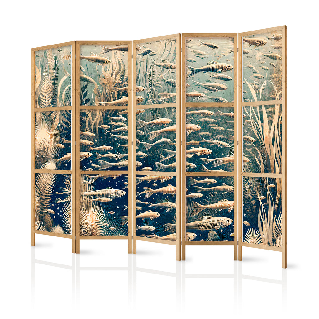 Japanese Room Divider - Ocean Life in Beige & Navy