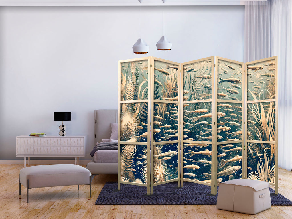 Japanese Room Divider - Ocean Life in Beige & Navy