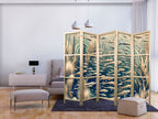 Japanese Room Divider - Ocean Life in Beige & Navy