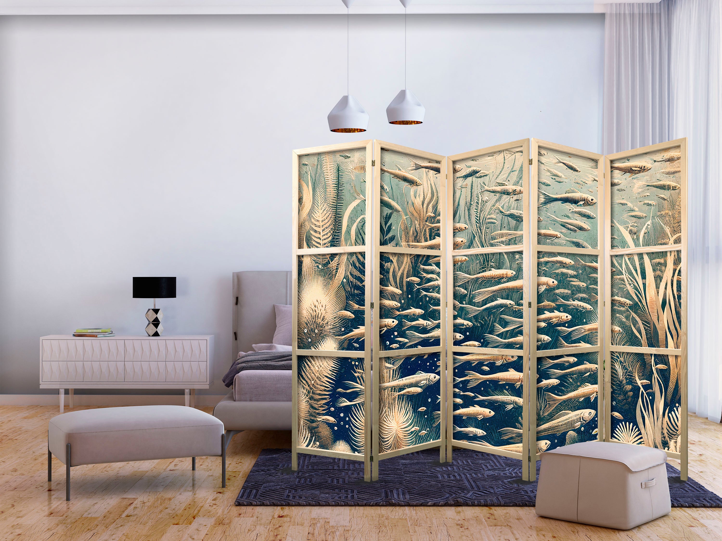Japanese Room Divider - Ocean Life in Beige & Navy