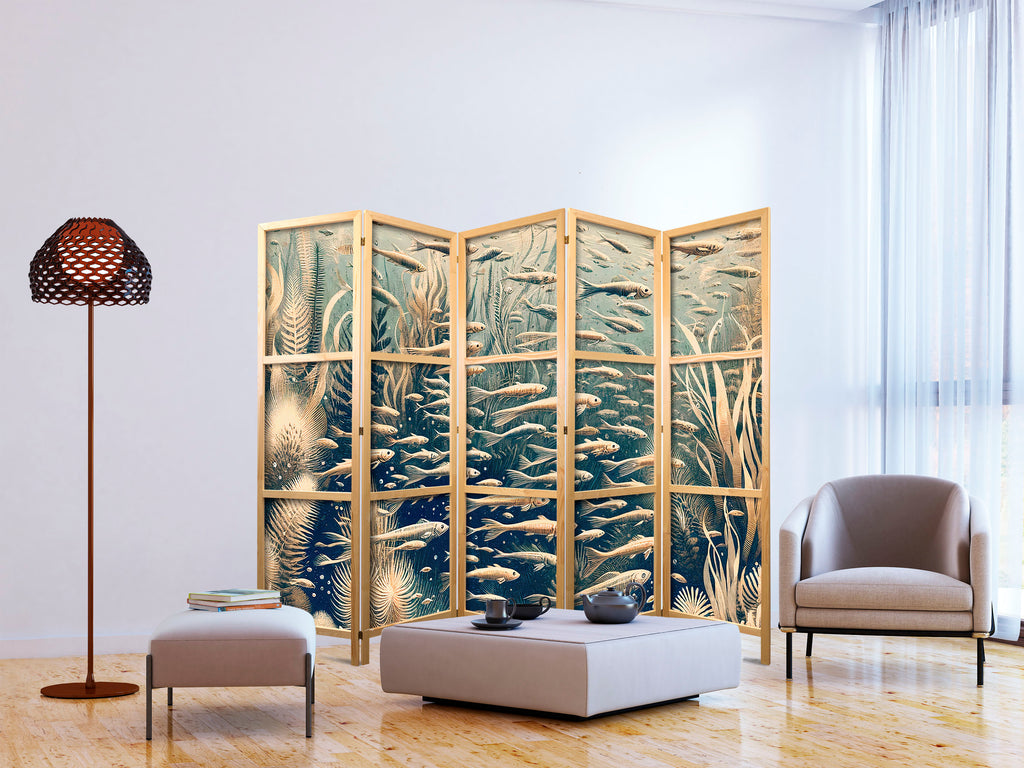 Japanese Room Divider - Ocean Life in Beige & Navy