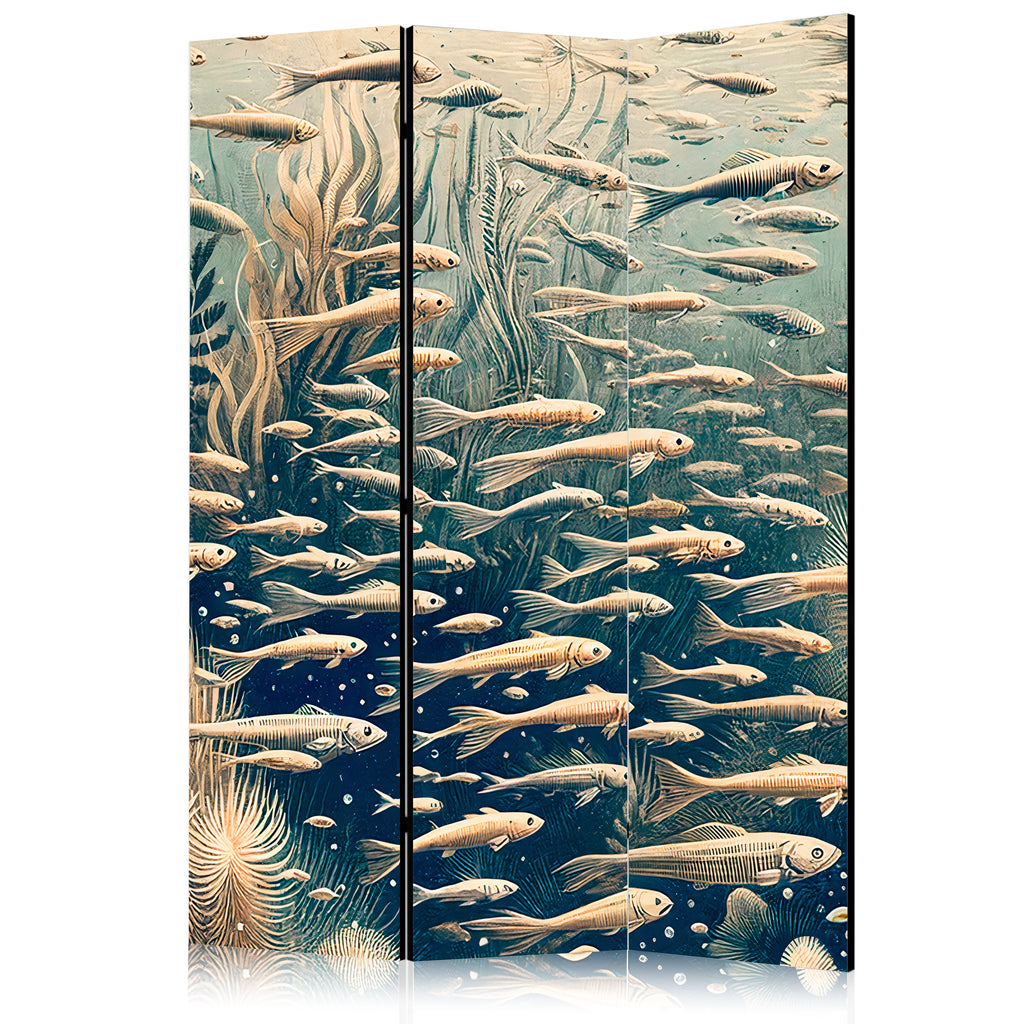 Room Divider - Ocean Life Theme in Beige and Navy (3-Panel)