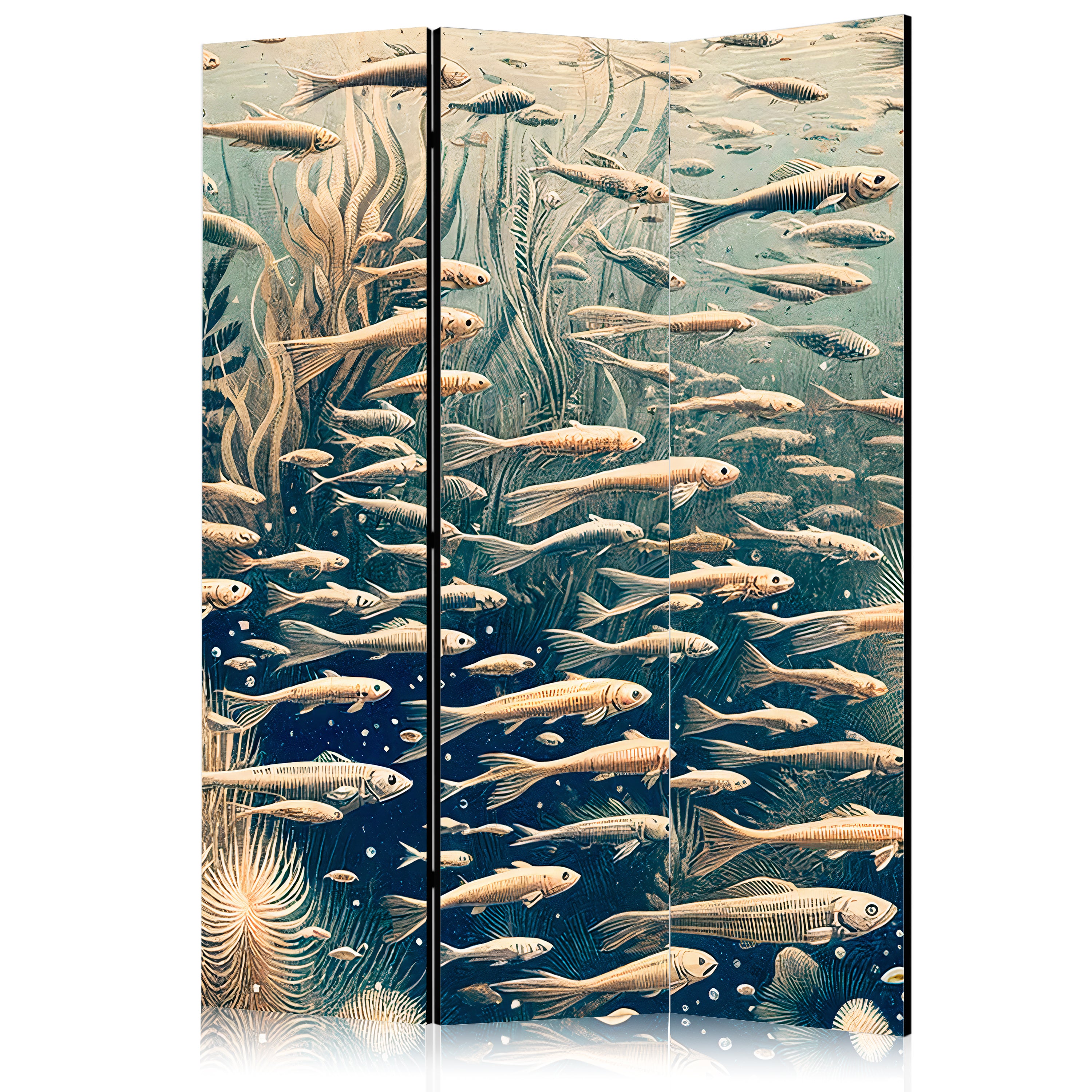 Room Divider - Ocean Life Theme in Beige and Navy (3-Panel)