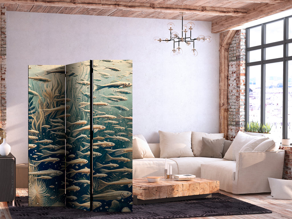 Room Divider - Ocean Life Theme in Beige and Navy (3-Panel)