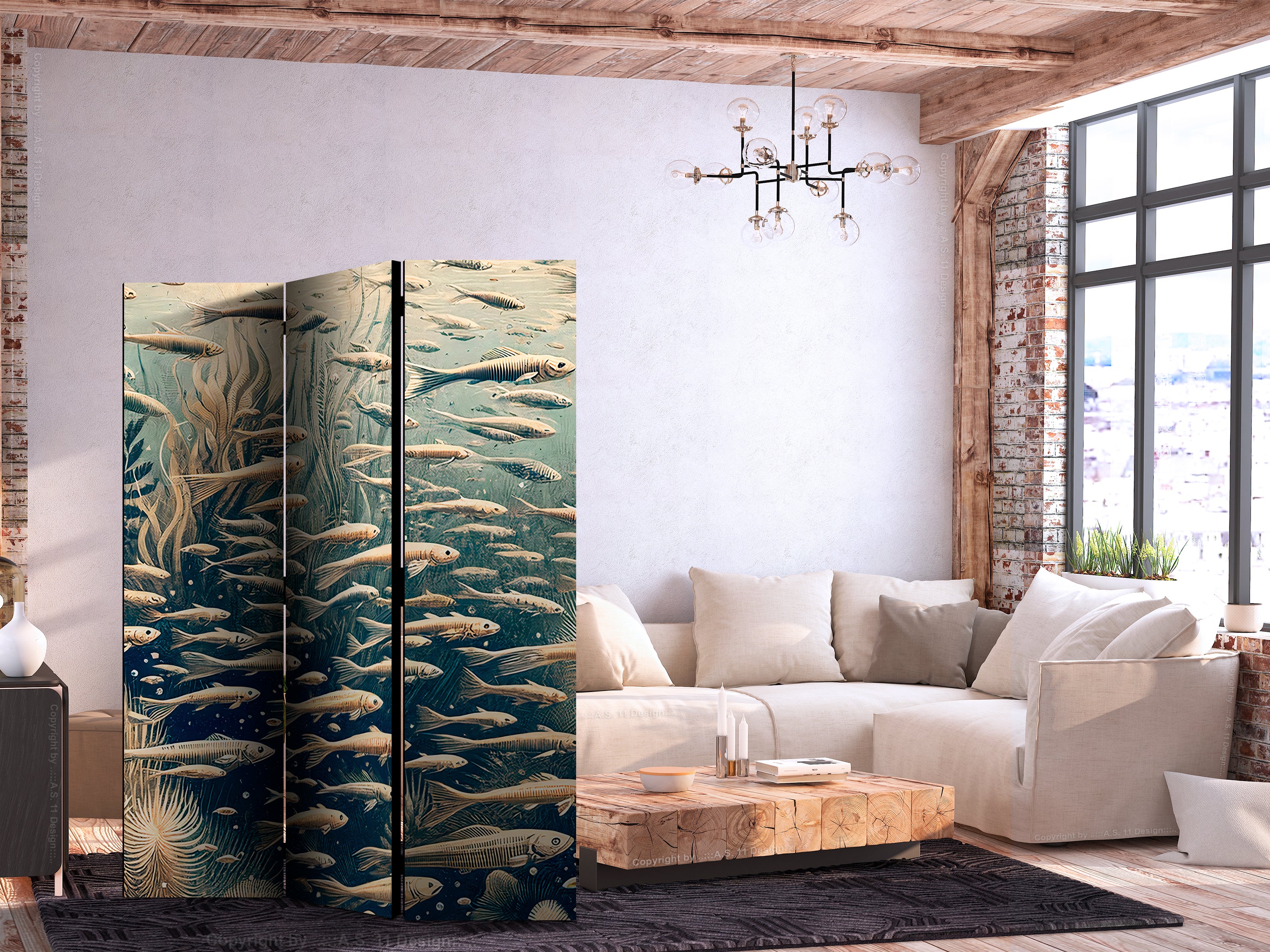 Room Divider - Ocean Life Theme in Beige and Navy (3-Panel)