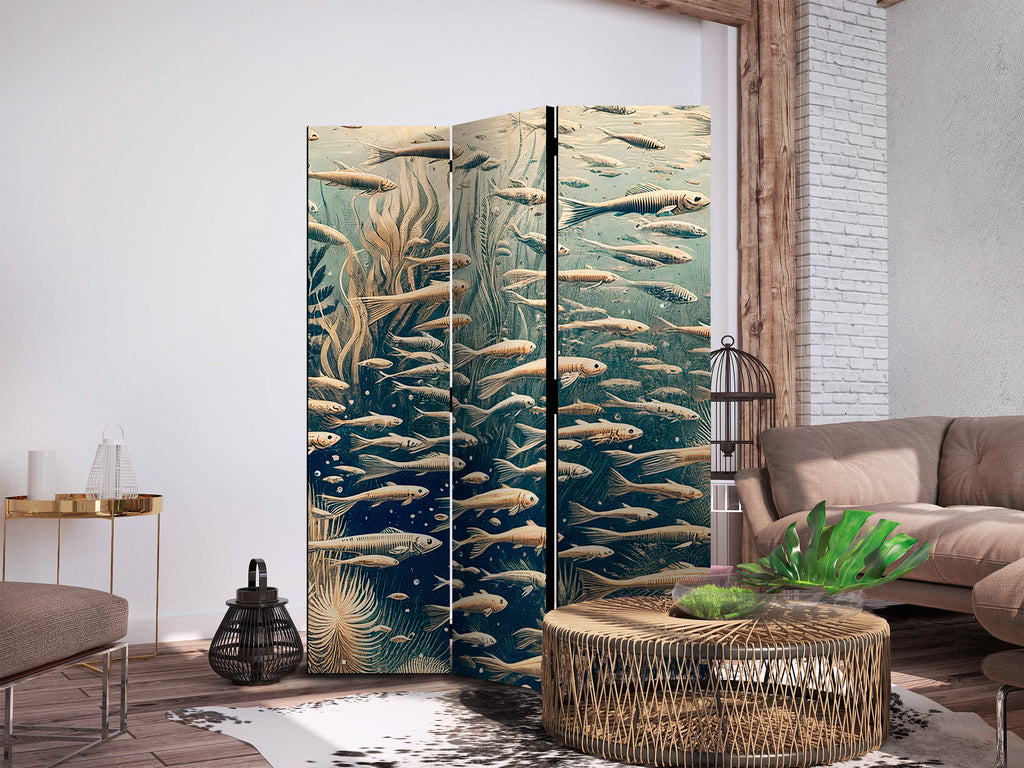 Room Divider - Ocean Life Theme in Beige and Navy (3-Panel)