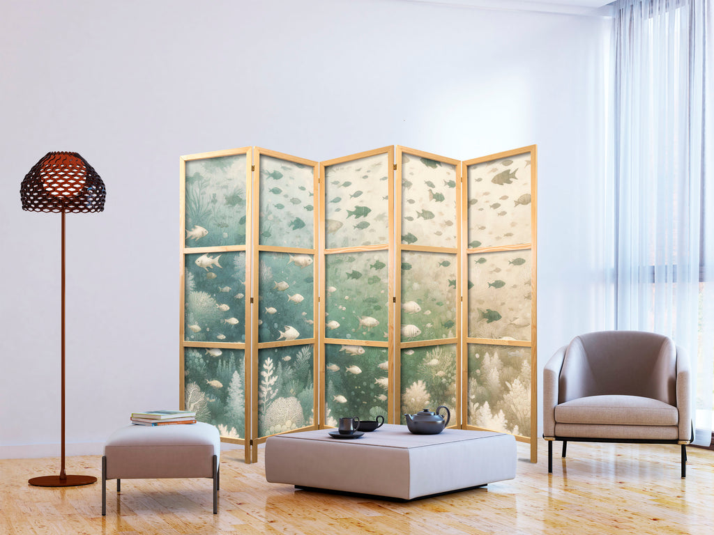 Japanese Room Divider with Fish and Oceanic Vegetation