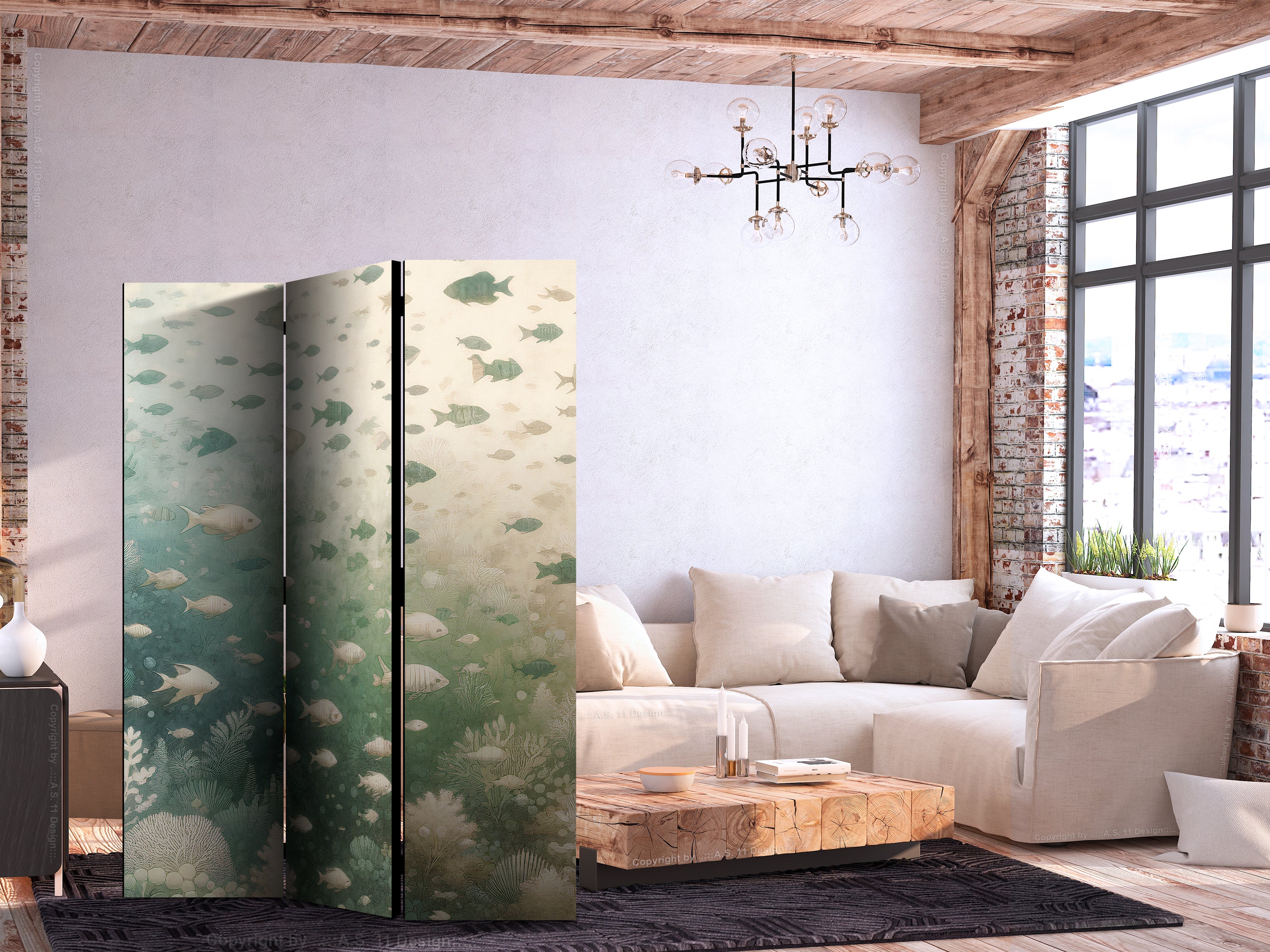 Pastel Fish Room Divider with Oceanic Vegetation