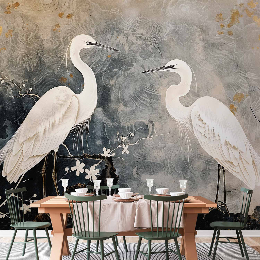 Herons and Cherry Blossoms Oriental Wall Mural