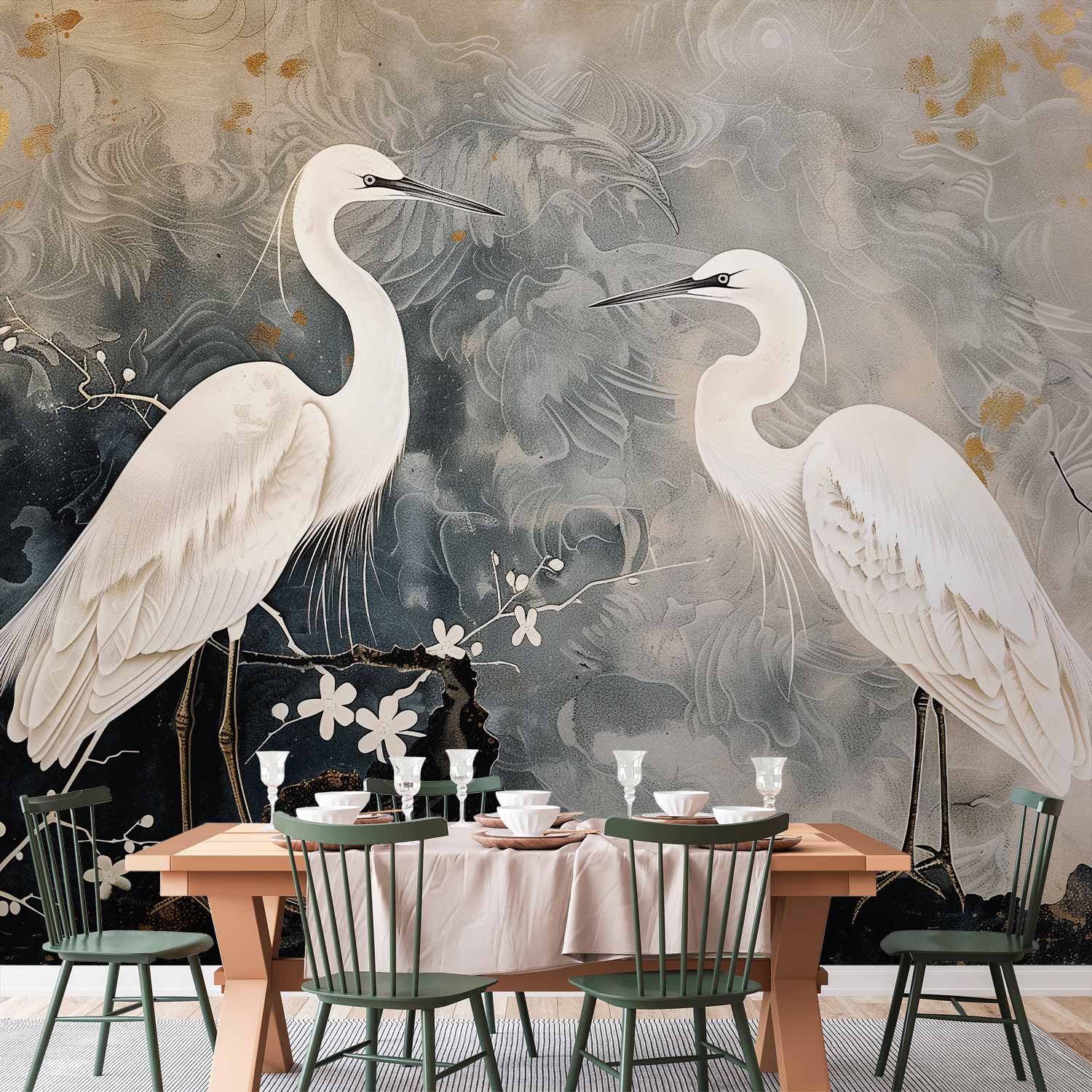 Herons and Cherry Blossoms Oriental Wall Mural