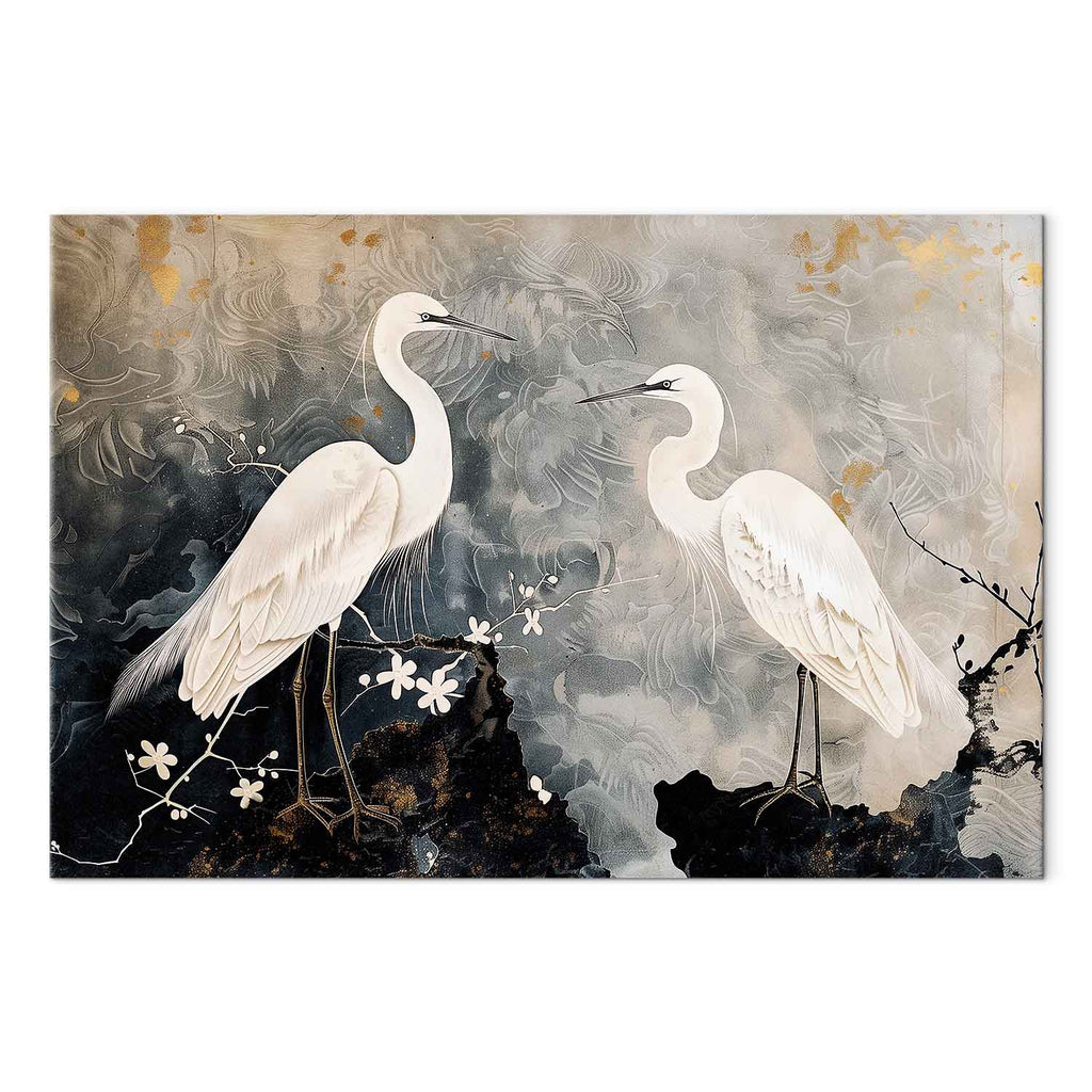 Herons and Cherry Blossoms Oriental Canvas Print