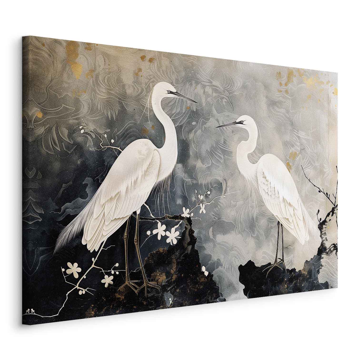 Herons and Cherry Blossoms Oriental Canvas Print