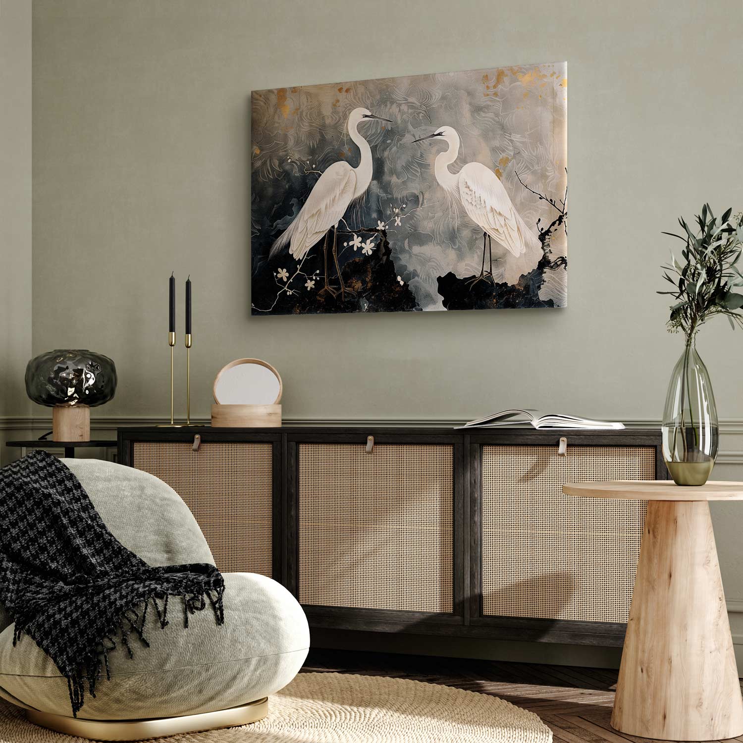 Herons and Cherry Blossoms Oriental Canvas Print