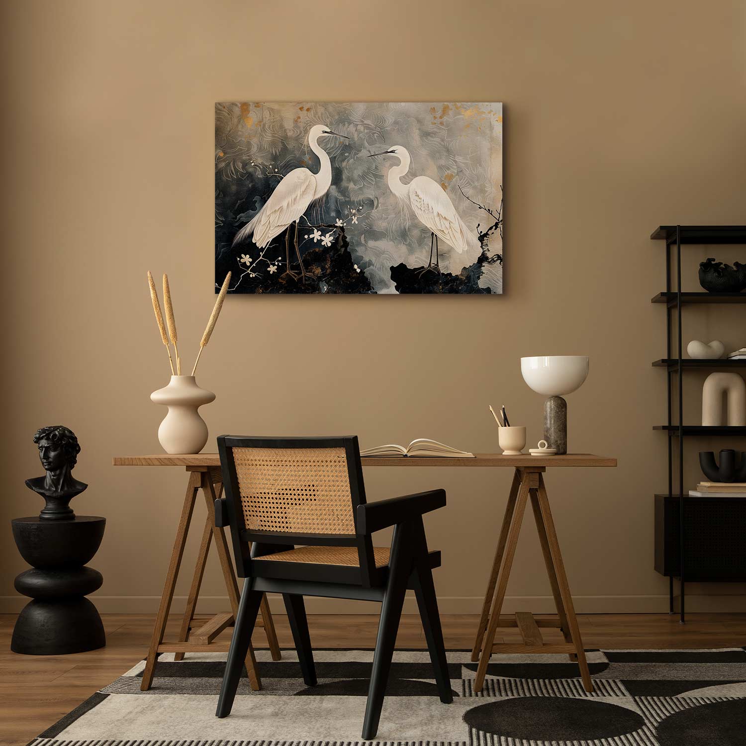 Herons and Cherry Blossoms Oriental Canvas Print