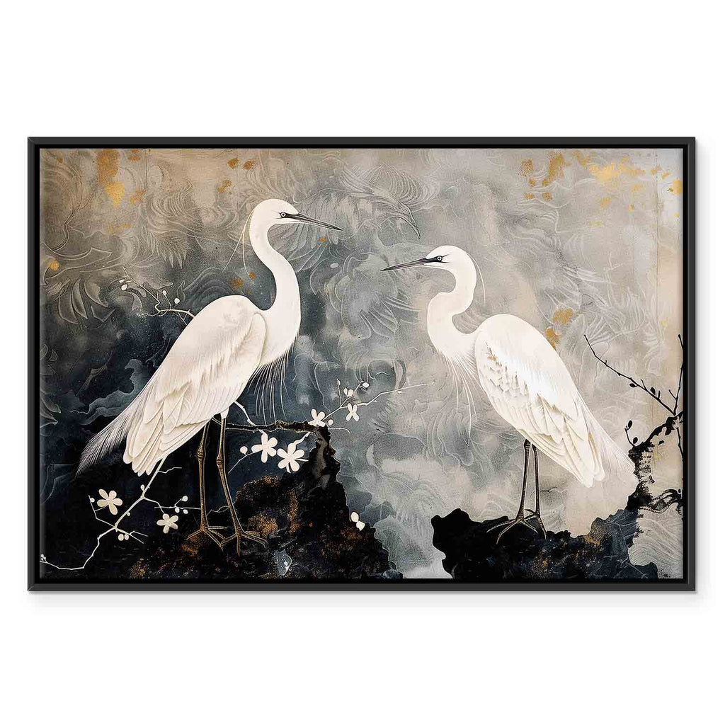 Herons and Cherry Blossoms Oriental Canvas Print