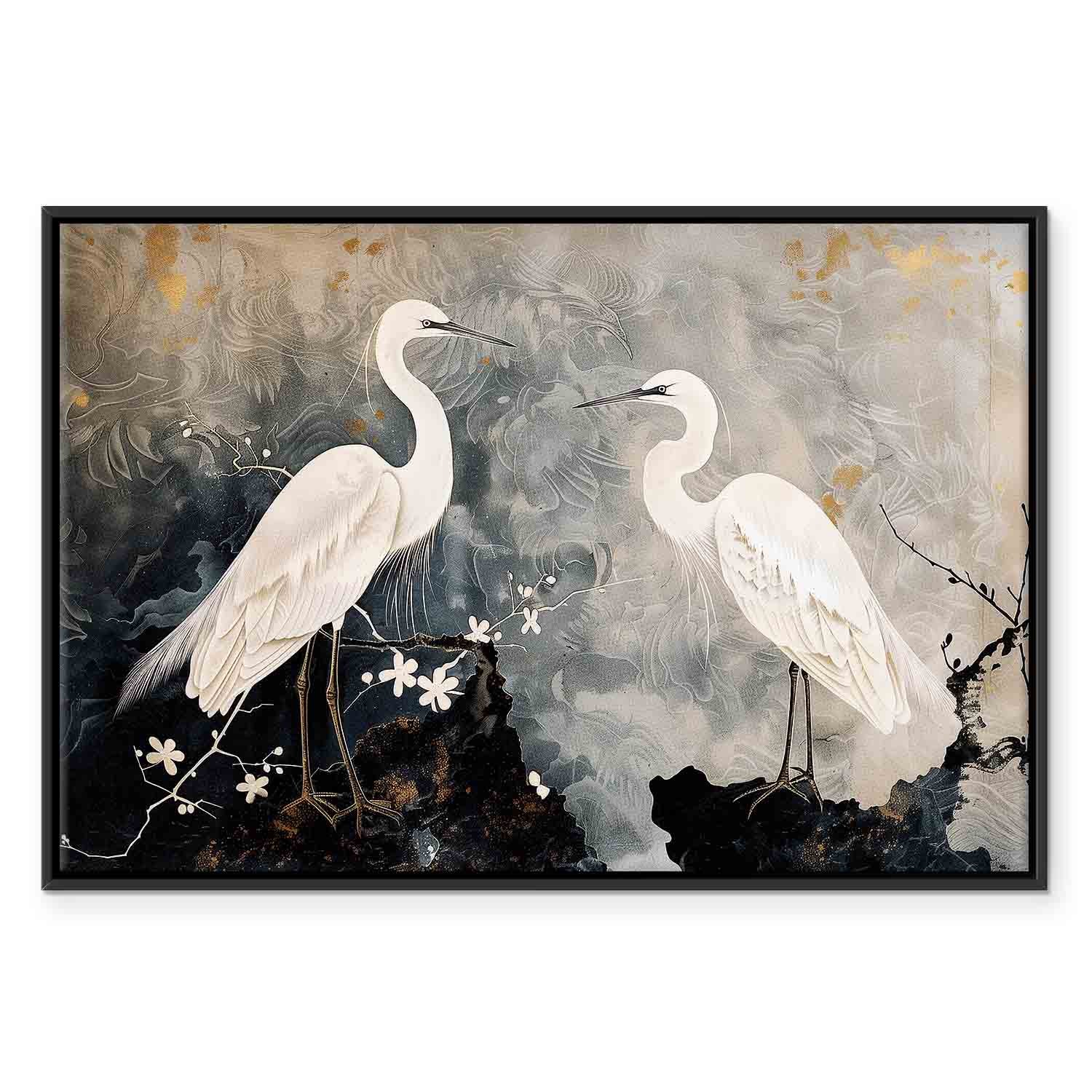 Herons and Cherry Blossoms Oriental Canvas Print