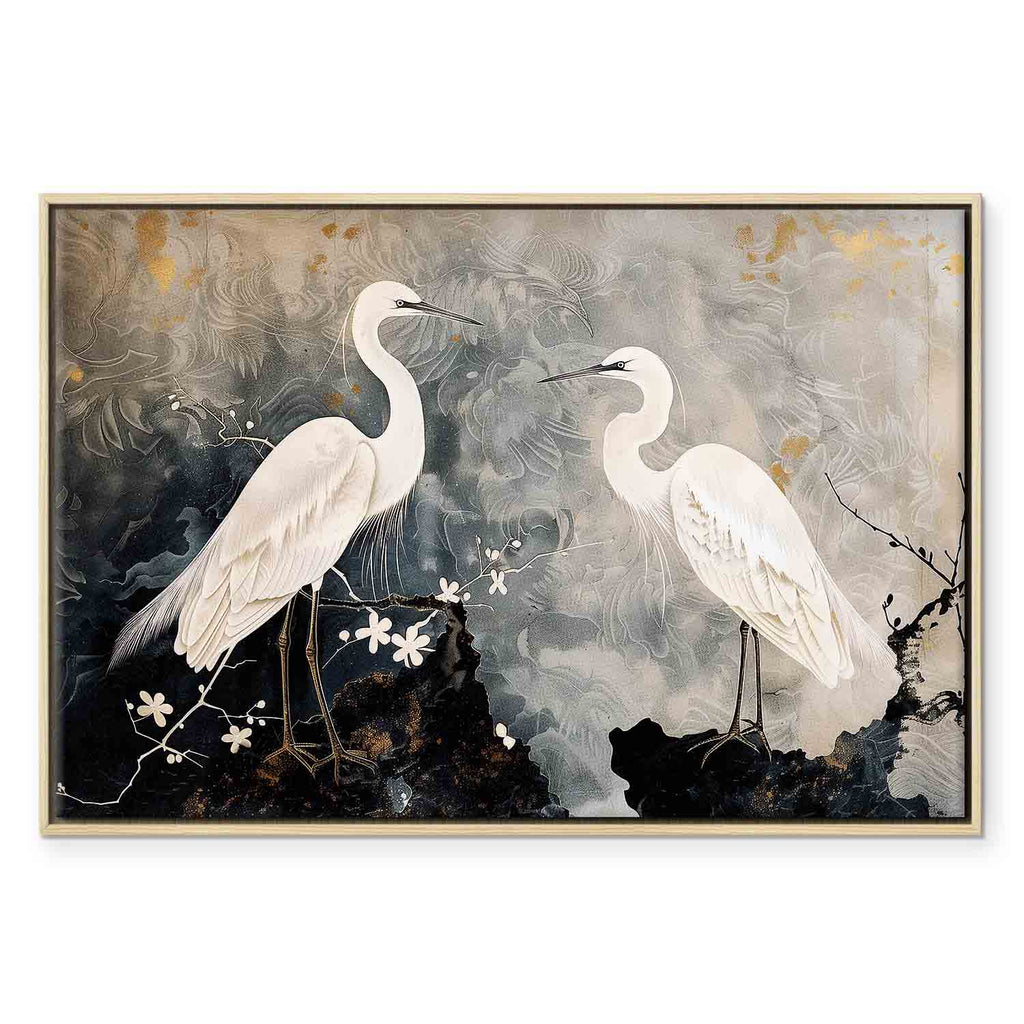 Herons and Cherry Blossoms Oriental Canvas Print