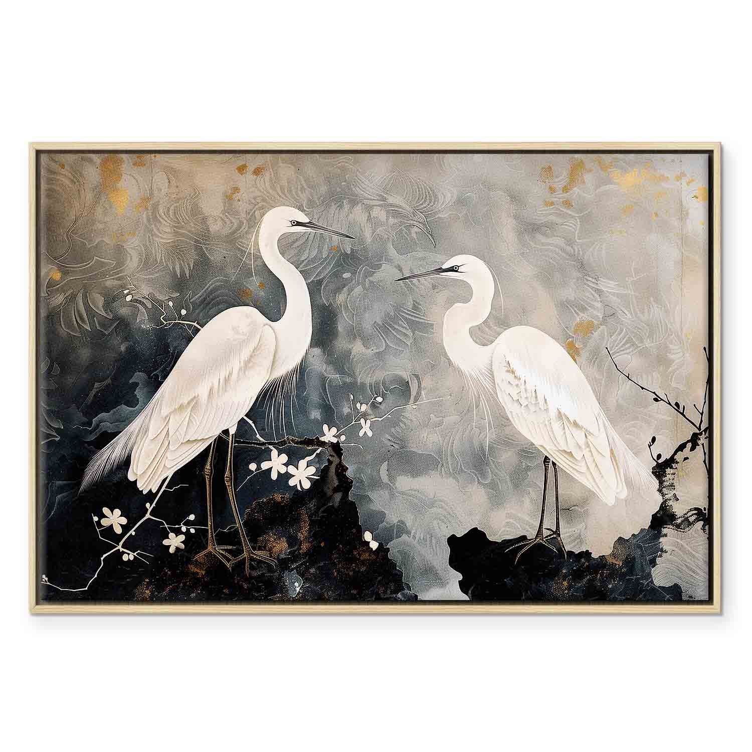 Herons and Cherry Blossoms Oriental Canvas Print