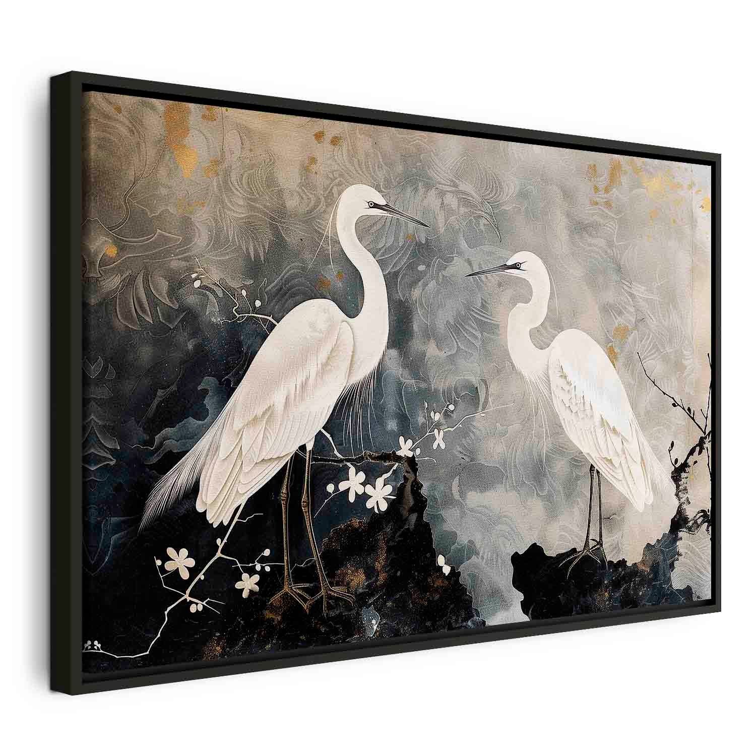 Herons and Cherry Blossoms Oriental Canvas Print