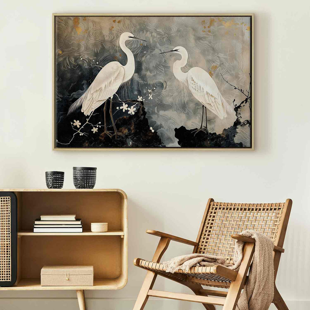 Herons and Cherry Blossoms Oriental Canvas Print