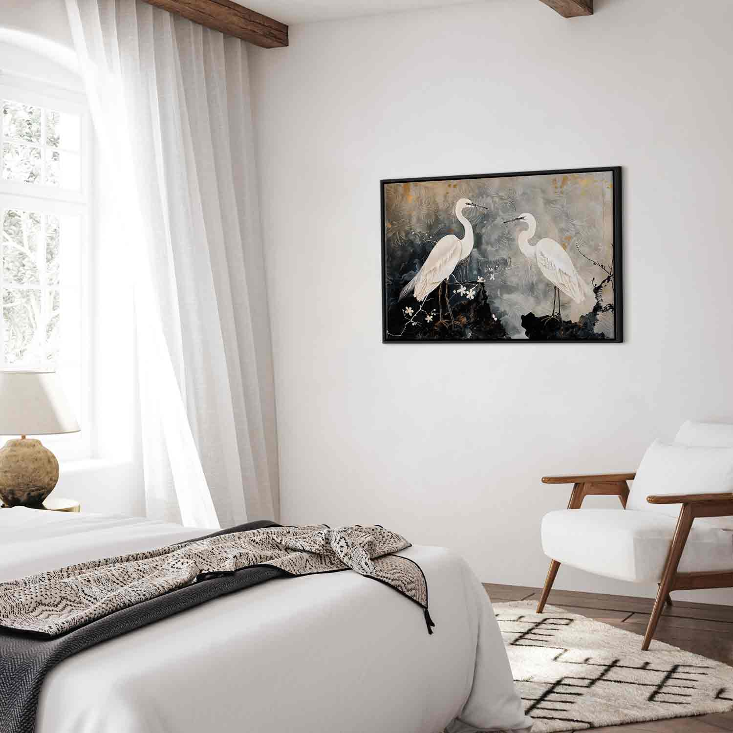 Herons and Cherry Blossoms Oriental Canvas Print