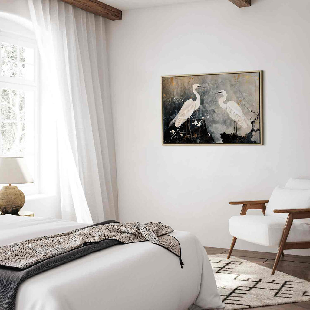 Herons and Cherry Blossoms Oriental Canvas Print