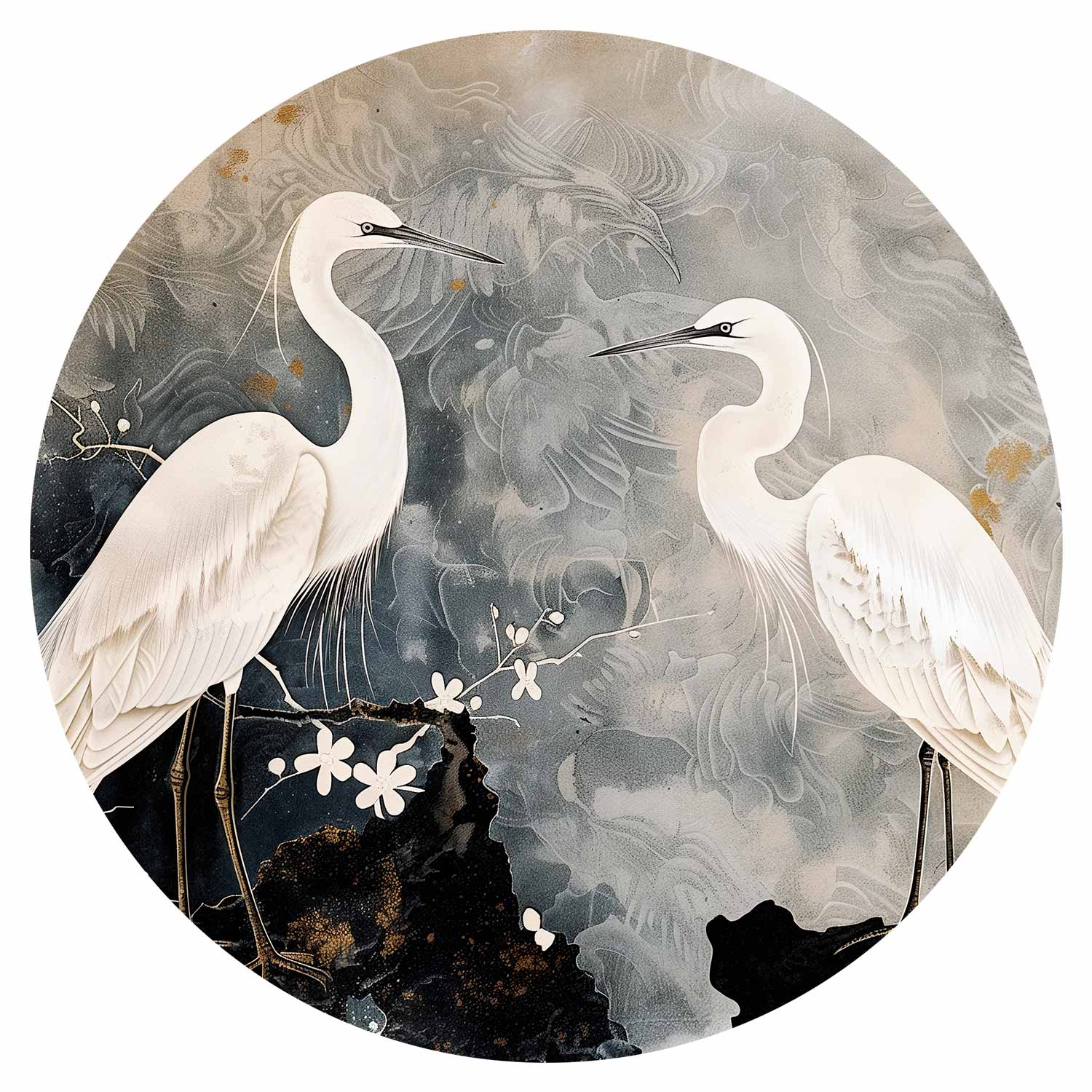 Herons and Cherry Blossoms Oriental Round Wall Mural