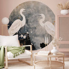 Herons and Cherry Blossoms Oriental Round Wall Mural