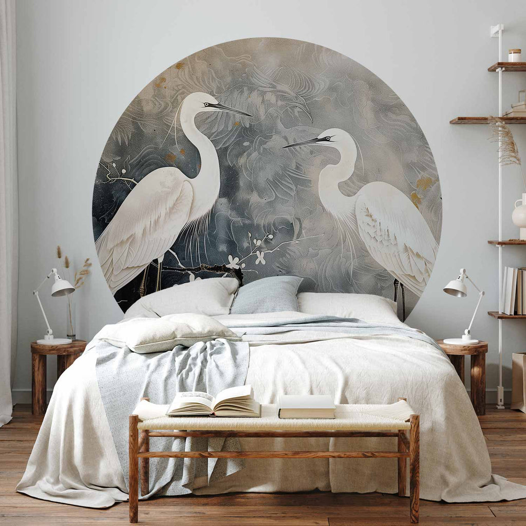Herons and Cherry Blossoms Oriental Round Wall Mural