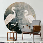 Herons and Cherry Blossoms Oriental Round Wall Mural