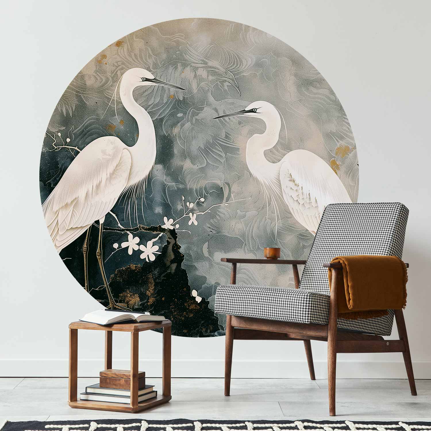 Herons and Cherry Blossoms Oriental Round Wall Mural