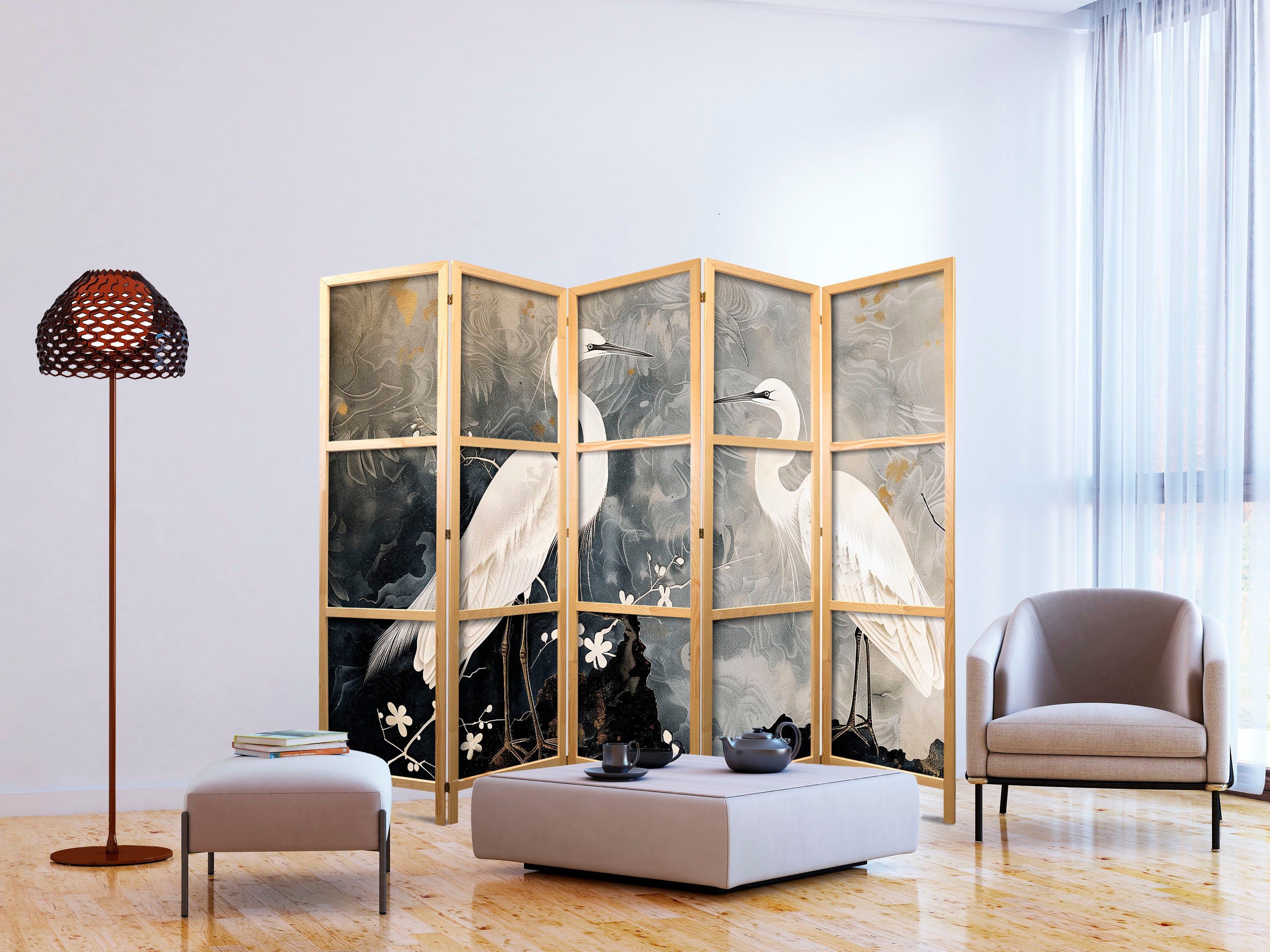Herons and Cherry Blossoms 5-Panel Japanese Room Divider