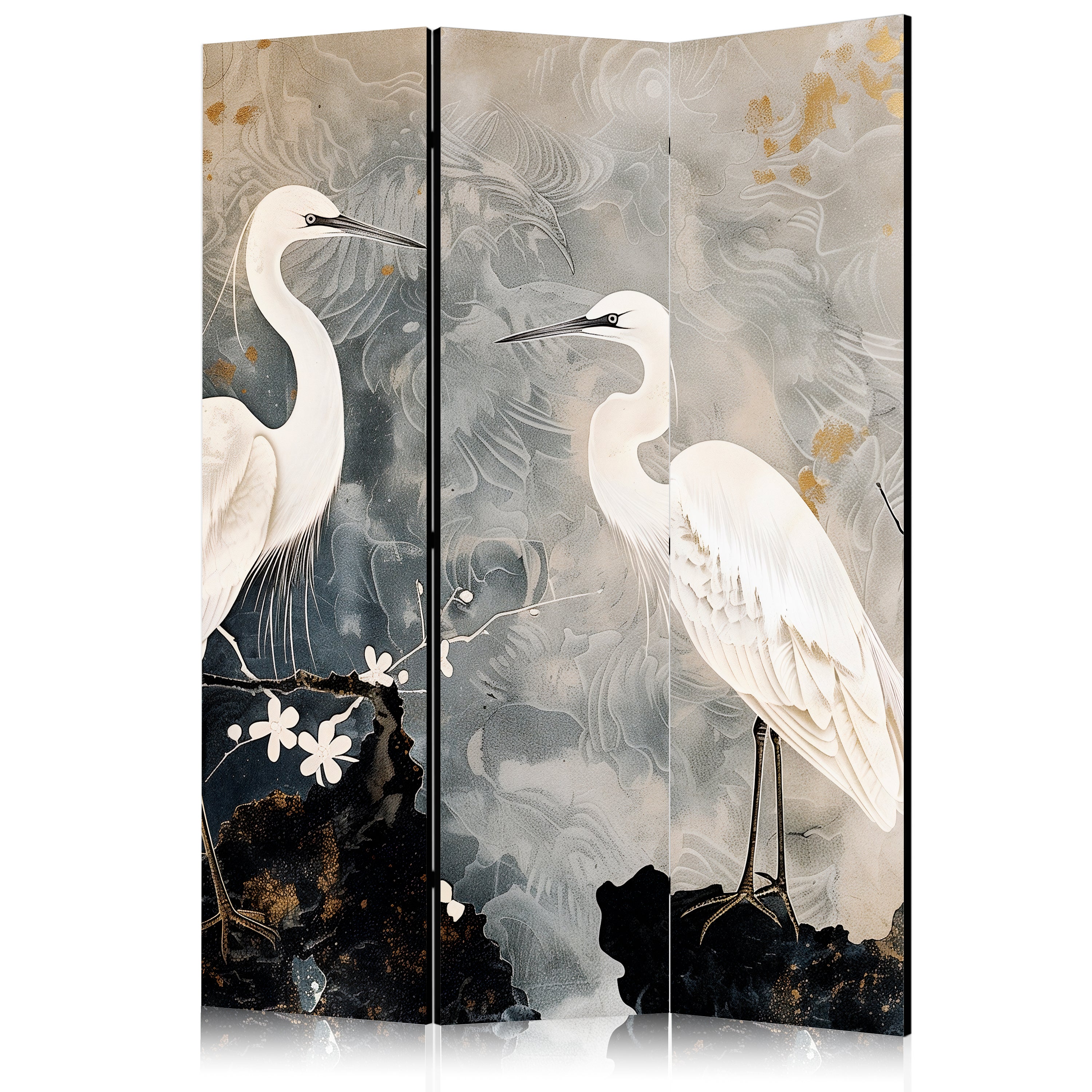 Herons and Cherry Blossoms Oriental 3-Panel Japanese Room Divider