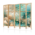 Japanese Room Divider - Spectacular Underwater Landscape - Fish in the Underwater World in Colors of Turquoise Blue Beige and Delicate Orange